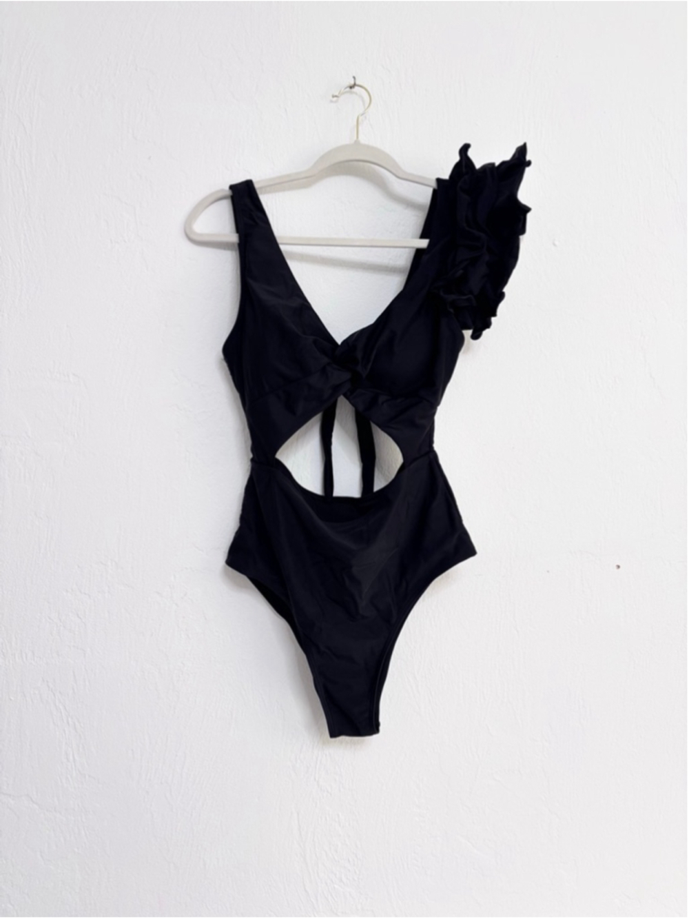 Women's Sporlike Black One-Piece Swimsuit with Statement Ruffle Detail Size L